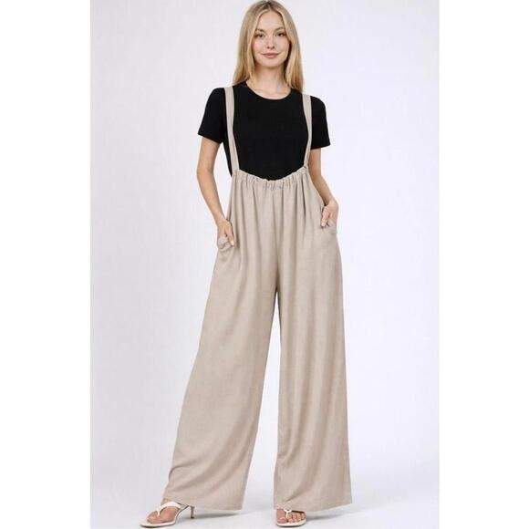 Zenana Wide Leg Tie Back Suspender Jump Suit Tan Multiple Sizes - Picture 1 of 5